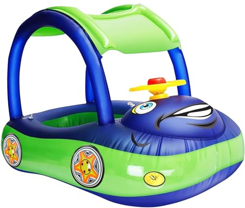 iGeeKid Inflatable Baby Pool Float with Canopy, Safty Seat for Infant Baby Swim Float Rings Car Shaped Swimming Pool Floaties for Babies Toddler Age of 18-36 Months (Blue)