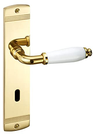 1 Juego de manillas MATTEO de latón pulido Manilla de porcelana blanca brillante (BB) Herraje de puerta sobre placa larga Manilla Vintage con material de fijación de Sotech