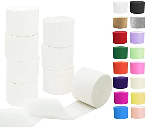 White Crepe Paper Streamers 8 Rolls, Party Streamers for Birthday Wedding Baby Bridal Shower Decorations Halloween Christmas Craft Supplies (1.8 Inch x 82 Ft/Roll，656ft)