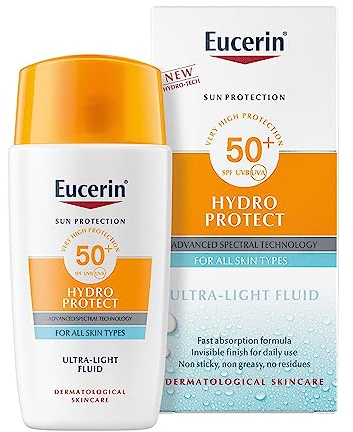 Eucerin Sun Face Hydro Protect Crema fluida ultraligera SPF 50+ para todo tipo de pieles, incluso pieles sensibles con tecnología espectral avanzada 50 ml