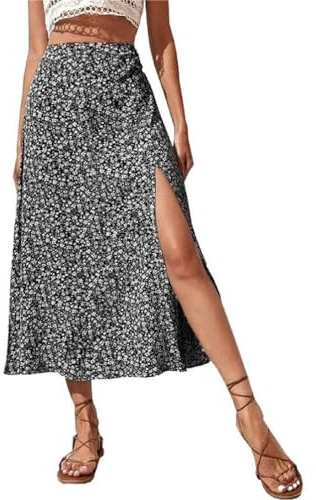 Limtula Falda Midi Línea con Abertura Lateral Y Estampado Bohemio Informal Cintura para Mujer Falda Maxi con Vuelo Floral Media Longitud Falda Elegante Faldas Midi Línea para Mujer