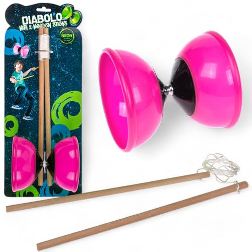 MIJOMA Diabolo Jonglierset – 2 Holzstäbe & weiches Kunststoffdiabolo – Kompaktes Outdoor Spiel für Kinder & Erwachsene – Perfekt für Koordination & Geschicklichkeit (Pink - Glow in The Dark)