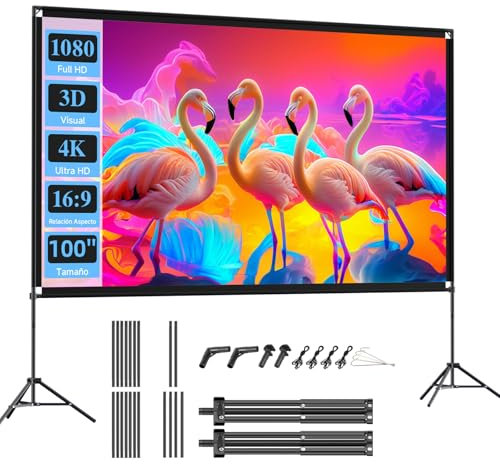 VISULAPEX Schermo Proiettore con Treppiede, 100 Pollici Telo Proiettore Portatile, 16:9, 4K HD Pieghevole per Proiettore con Borsa per il Trasporto per Interni ed Esterni, Home Cinema, Giardino
