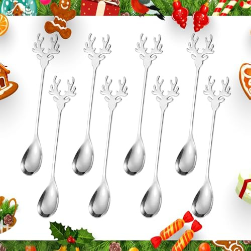 KNGNGK 8 Stück Edelstahl Löffel Weihnachten Kaffeelöffel Teelöffel Elch Weihnachtsdessertlöffel Weihnachtskuchenlöffel Weihnachts Rührlöffel Silber Kleine Eislöffel Tee Milch Kaffee Dessert Getränke
