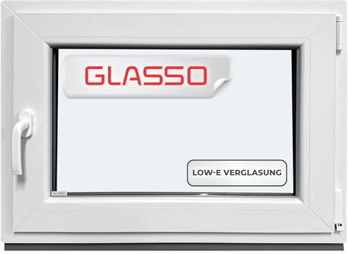 GLASSO Fenster 45x70 cm 3-fach Verglasung - Kunststofffenster 76mm Profil -Din Rechts-BxH: 450x700mm- Ideal für alle Wohnbereiche | Gartenhaus | Garagenfenster | Kellerfenster Dreh-Kipp-Funktion