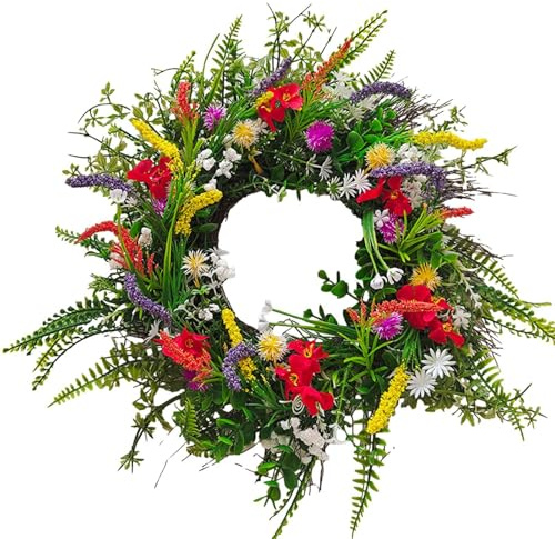 Corona para Puerta de Primavera, 35 cm/40 cm, Guirnalda de Flores Silvestres Artificiales, Guirnalda Decorativa, Guirnalda de Primavera, para Puerta de casa, Verano, Guirnalda Multicolor, Corona de
