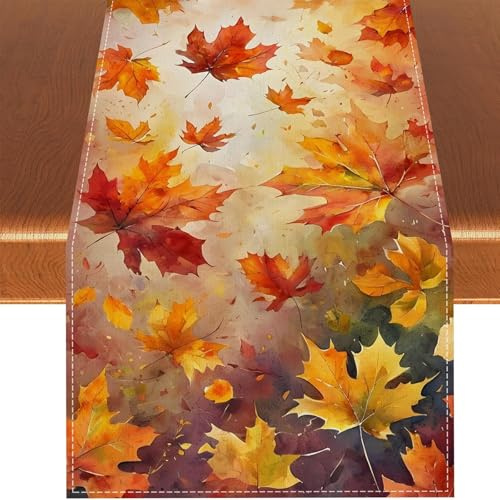Fesnova Camino de mesa con hojas de arce otoñales, decoración otoñal, amarillo y naranja, camino de mesa de otoño, 33 x 183 cm, para decoración de otoño para interior y exterior, otoño, Acción de