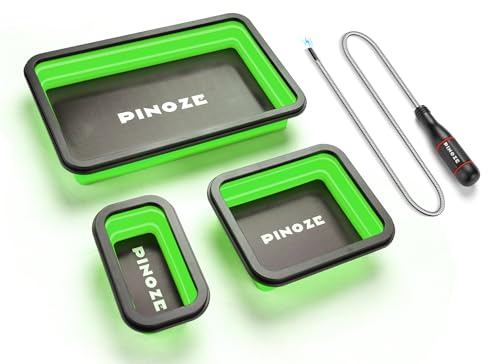 PINOZE Bandejas organizadoras de piezas magnéticas plegables y herramienta de recogida magnética flexible de 12 pulgadas, 3 bandejas magnéticas de diferentes tamaños y barredora de recogida para