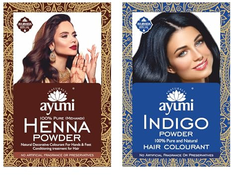 Ayumi Pure Henna Hair Dye + Indigo Powder for Hair, 200g Each| Chemical-Free Dark Red Hair Dye & Blue Black HairDye | Semi Permanent HairDye | HairPowder & Beard Dye | Hair Powder Men & Women