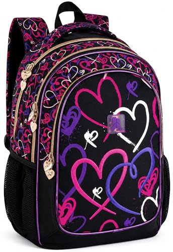 Mochila Escolar Niña Primaria Ergonómica - Diseño Corazones Lovely Vibes - 43x33x20 cm (6-10 Años) - Gran Capacidad Adaptable a Carro con Compartimento Portátil