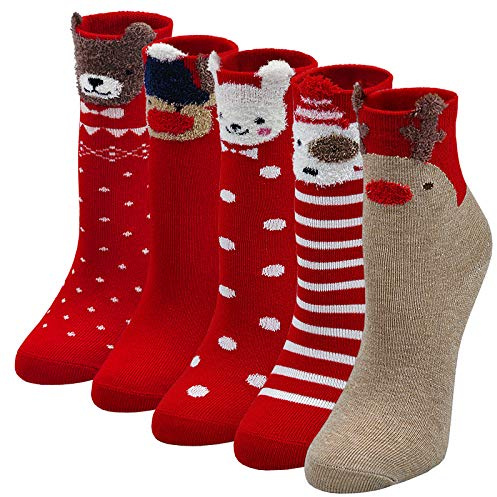 LOFIR Calcetines de Navidad para Niños y Niñas, Medias con Papá Noel, Kawaii de Algodón, 2-4 Años, Talla 20-22, 5 Pares