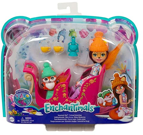 Enchantimals GJX31 - Schlittenfreunde Set mit Felicity Fox Puppe (15,24 cm), Tierfigur Flick, Schlitten und Zubehör, tolles Geschenk für Kinder von 3 bis 8 Jahren