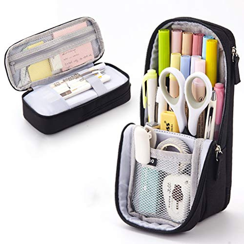 iSuperb 2 Layer Pencil Case Standing Phone Support Stand Up Pen Pouch Fold Down Pen Holder with Zipper, Office School Desk Stationery Organizer Slide Stand Pencil Bag (Black)