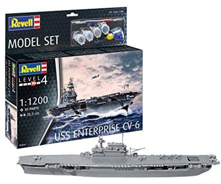 Revell Model Set 65824 USS Enterprise CV-6 1:1200 Scale Unbuilt/Unpainted Plastic Model Kit with Contacta Professional Glue, Paintbrush & Selected Aqua Color Paints
