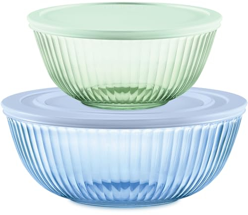 Pyrex Cuencos de vidrio tintados de colores de 4 piezas, medianos/grandes con tapas, juego de cuencos que ahorran espacio para preparar y hornear, 2.3 cuartos y 4.5 cuartos de galón
