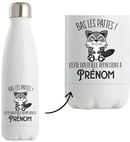 Planetee Bouteille isotherme Gourde Isotherme Prénom personnalisable bas les pattes - idée cadeau personnalisé drôle et original (Raton Laveur)