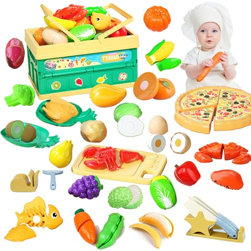 Pretend Play Food Toy Set for Kids Kitchen, Storage Basket Cutting Fake Food, Fruit and Vegetable Accessories, Toddler Early Educational Learning Kitchen Toy Gift for 3-8 Years