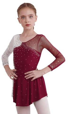 Rswnyirn Glitzer Mädchen Tanzkleid Langarm Latin Eiskunstlauf Kleid mit Strass Ballettkleid Ballett Trikot Body Tanz Wettbewerb Rock Kostüm