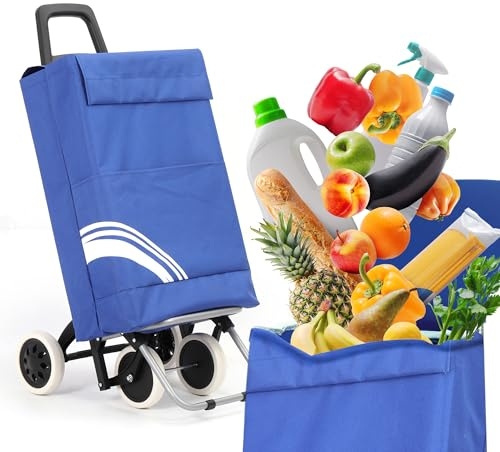 Carrito de la compra plegable resistente al agua de 40 litros, carrito de la compra, carrito plegable, bolsa de la compra con 4 ruedas, cesta de la compra con ruedas (azul/blanco)