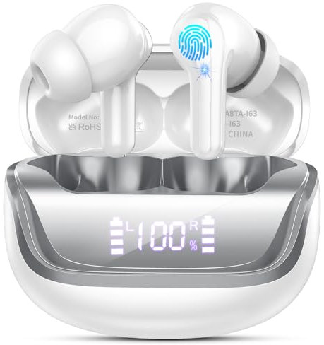 Ecouteurs Bluetooth sans Fil, Écouteur sans Fil Bluetooth 5.4 avec HiFi Stéréo Basses Casque, Temps d'appel 48H, 4 ENC Appel Réduction Antibruit Mic, Ajustement Confortable, IPX7 Étanche Blanc