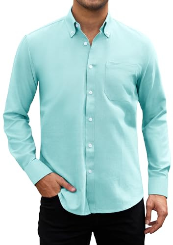 HISDERN Camicia da uomo a maniche lunghe, in tessuto Oxford, per il tempo libero e il lavoro, in cotone, casual, dalla vestibilità normale, con bottoni e tasca, S-4XL, acquamarina, L