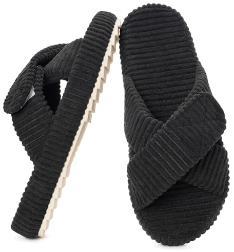 Mujer Zapatillas Cómoda Espuma de Memoria Pana Banda Cruzada Antideslizante Pantuflas Casa,Negro,41/42 EU,Etiqueta 42-43