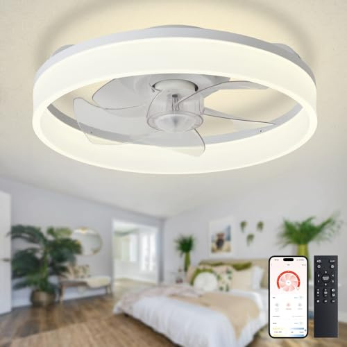 Depuley Ventilador de techo LED con luz: ventilador moderno de perfil bajo de 16 con mando a distancia para aplicaciones - Lámpara con ventilador sin aspas regulable para dormitorio