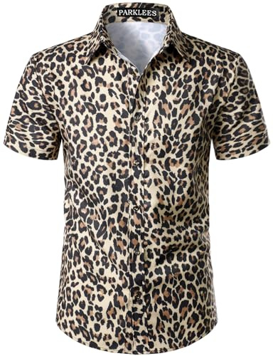 PARKLEES Men's Leopard Print Shirt Casual Cheetah Printed Short Sleeve Button Down Shirt Beige Large