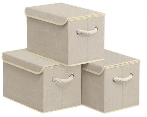 SONGMICS Boîte de Rangement avec Couvercle, Lot de 3, Pliable, Panier en Tissu, Bac de Rangement, avec Poignées, pour Chambre, Salon, Dressing, 38 x 25 x 25 cm, Beige Sable RFB013LZ01