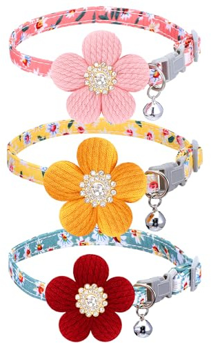 DOPENSPI 3-teiliges Hundehalsband mit Blume für Kleine Hunde, Hundehalsbänder für Mädchen, Verstellbar Süße Welpenhalsbänder mit Glöckchen für Kleine Hunde, für Mädchen Hündinnen, Katzen