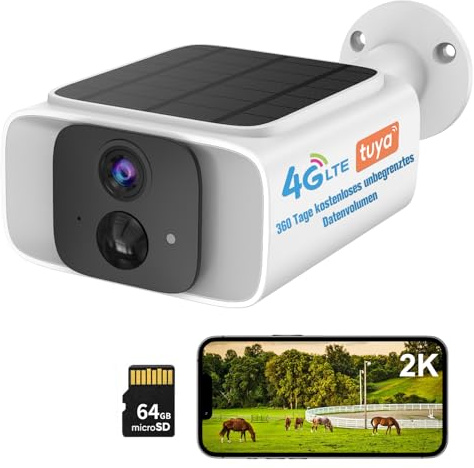 4G LTE Überwachungskamera Aussen Ohne Wlan mit VSIM Karte,360 Tage Unbegrenzte Daten,Solarbetrieben,2K Farbnachtsicht,PIR Körperdetektion,2-Wege-Audio,IP65,Tuya Kamera mit 64 GB Speicherkarte