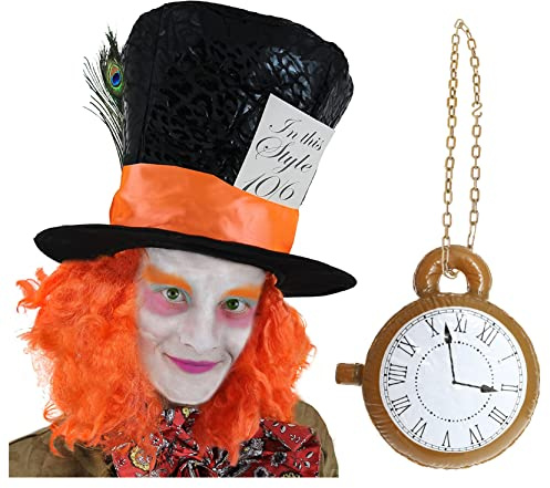 Adults Crazy Tea Party Host Accessory Set - Black Top Hat with Attached Orange Hair and Jumbo Inflatable Clock on Chain - Adults World Book Day Book Week Fancy Dress Costume