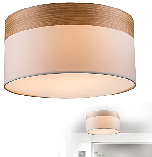 Runde Deckenlampe mit Holz Optik in elegantem Stil - Schlafzimmer - Stoffschirm - Deckenleuchte - Wohnzimmerlampe (Schlafzimmerlampe Holz Optik 40 cm 3xE27)