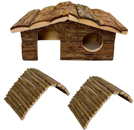 Hamiledyi Hamster Hideout Small Wooden House Natural Wood Rat Hut Hamster Bridge for Dwarf Mouse Playing Hiding