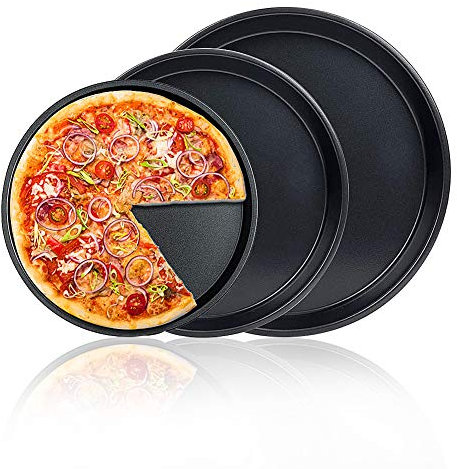 FANDE 3 Pz Set Teglia per Pizza Tonda Rivestimento Antiaderente Bakeware in Acciaio al Carbonio Tonda Set per Famiglie, Ristoranti, Panifici, Scuole Cucina, Pizza, Pane—Nero, 6, 7, 8