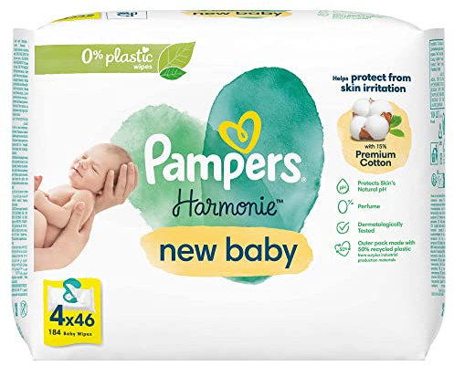 Pampers Harmonie New Baby Wipes Plastic Free 4 Packs = 184 Baby Wet Wipes