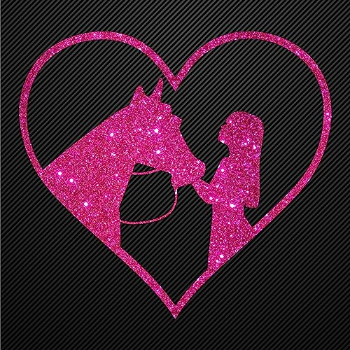 Glitzerdeals Bügelbilder Glitzer Pferd mit Mädchen im Herz pink Aufbügler für Textilien Karneval Kostüm Pferd Bügelflicken Pferde Fasching Patch zum Aufbügeln Pferd