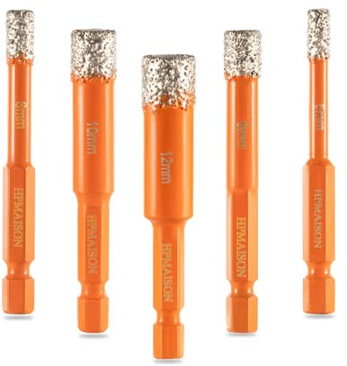 HPMAISON Diamantbohrer Fliesenbohrer Glasbohrer Set, 1/4 Sechskant Schaft Trockenbohrer Diamantbohrer 5tlg. (5 6 8 10 12mm) für Keramik, Granit, Glas, Porzellan, Fliesen, Harte Fliesen, Feinsteinzeug