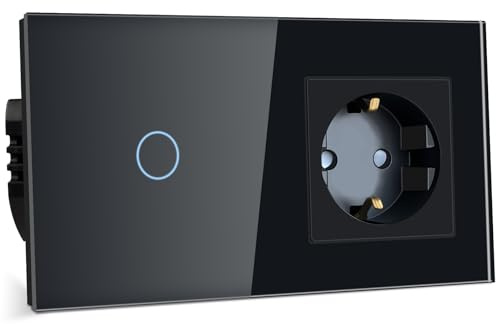 TAWOIA Lichtschalter mit Schuko Steckdosenkombination,Unterputz,16A Steckdose,157 x 86 mm Gehärtete Kristallplatte mit LED Hintergrundbeleuchtung 1 Fach 1 Weg Touch Wandleuchtenschalter 1000W Schwarz