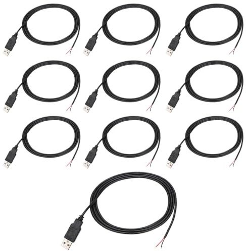 Greluma 10 Pièces Pigtail USB mâle de 1 mètre, câble USB 2.0 à 2 fils 22AWG, extrémité ouverte à fil nu à 2 broches, câble USB mâle de 1 m, câble d'alimentation à prise USB 12V 3A, couleur noire