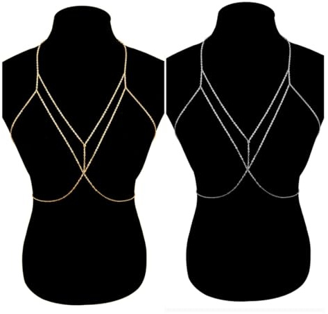 EOYVAIL Catene e collane per il corpo，Catena del reggiseno con catena per il corpo, catena del reggiseno glitterata, accessori bikini da discoteca per ragazze (oro)