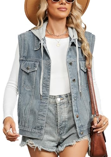 Sukany Women's Casual Denim Jean Vest Oversized Sleeveless Waistcoat Loose Button Down Jacket Blue Hooded M