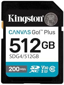 Kingston Canvas Go Plus SDXC Memory Card Gen4 200MB/s C10 UHS-I U3 V30 512GB-SDG4/512GB
