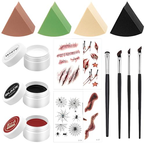 GWAWG Halloweensmink, halloween make-up 3 färger svart röd vit, med sminksvampar, borstar och tatueringsklistermärken, skrämmande sminkkit för zombie, vampyr, jokerkostym