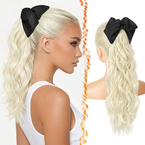 BARSDAR Bow Claw Clip blond hästsvans hårdel, 45 cm båge Claw Clip vågig ponytail förlängning för kvinnor naturligt utseende syntetisk vågig platinablond hästsvans hårförlängning hårdelar