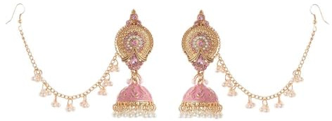 Boucles d'Oreilles Jhumka Indiennes Avec Cristal Rose Et Perles – Design Cloche Avec Chaîne à Accrocher Aux Cheveux – Bijoux De Mariage Et Fête Pour Femme – Cadeau Pour Mariée Et Fiançailles