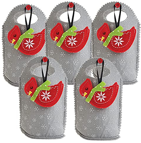 Cardinal Ornament Christmas Felt Treat Bags - Set of 5 Gift Bags for Children Holiday Parties Teachers Decorations