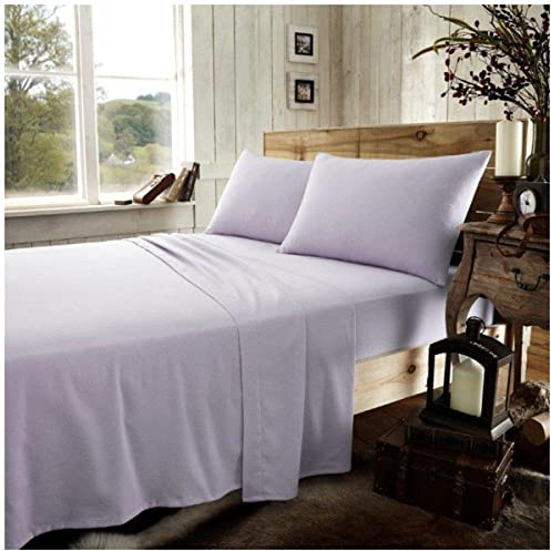 Super Soft Plain Dyed Flannel Sheet Set, Fitted Bedsheet With Pillow Case, 100% Brushed Cotton Flannelette Bed Linen, Purple, Single Size Bedding