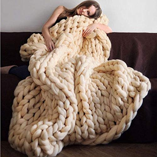 YUANP Chunky Wolle Decke Gestrickt Geflochtene Wolldecke Grob Grobstrick Riesen Strick,Beige-200 * 200cm