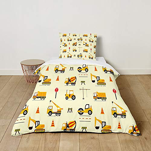 FANSU Kinder Bettwäsche Set, 3D Cartoon Auto Muster Junge Bettwäsche 2 Teilig mit Bettbezug und Kissenbezug, Sanft 100% Microfaser Bettwäsche Set (Bagger,135x200cm + 80x80cm)
